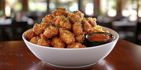 Crispy, golden-brown bites piled high in a bowl, with fries and dipping sauce