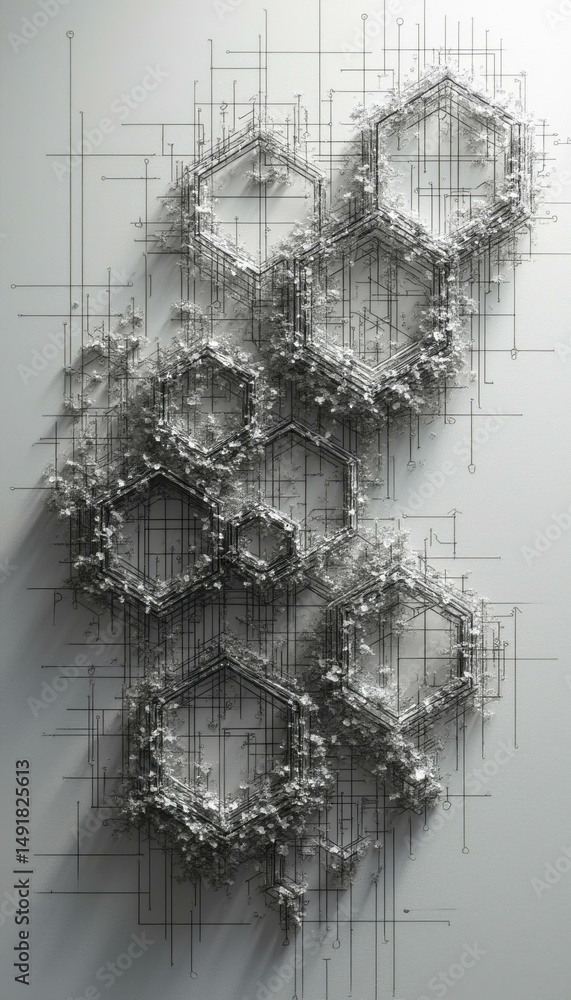 Fototapete Complex Network: Abstract Hexagon Structure with Intricate Lines and Texture on a Clean, Minimalist Background