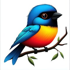 Fototapeta premium Cartoon illustration of a vibrant, colorful bird perched on a branch with green leaves