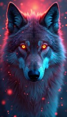 Naklejka premium Majestic Wolf with Glowing Eyes Gazing Intently, Illuminated by Vibrant Neon Lights and Mystical Red Sparks, Creating a Fantasy Ambiance