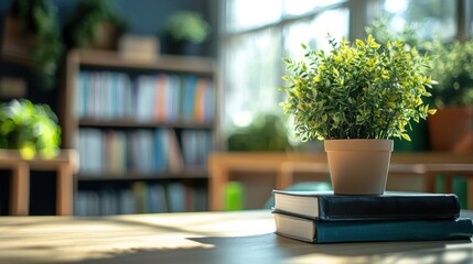 Serene Study: Plant on Books in Sunlit Library