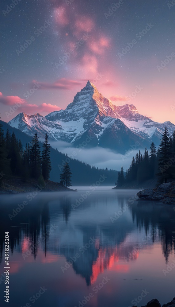 Poster majestic mountain peak reflects in calm lake under a colorful dawn sky with stars and trees, creatin