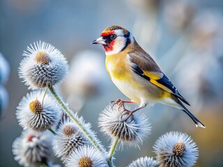 Macro Photo: Winter European Goldfinch on Burdock Seed Head