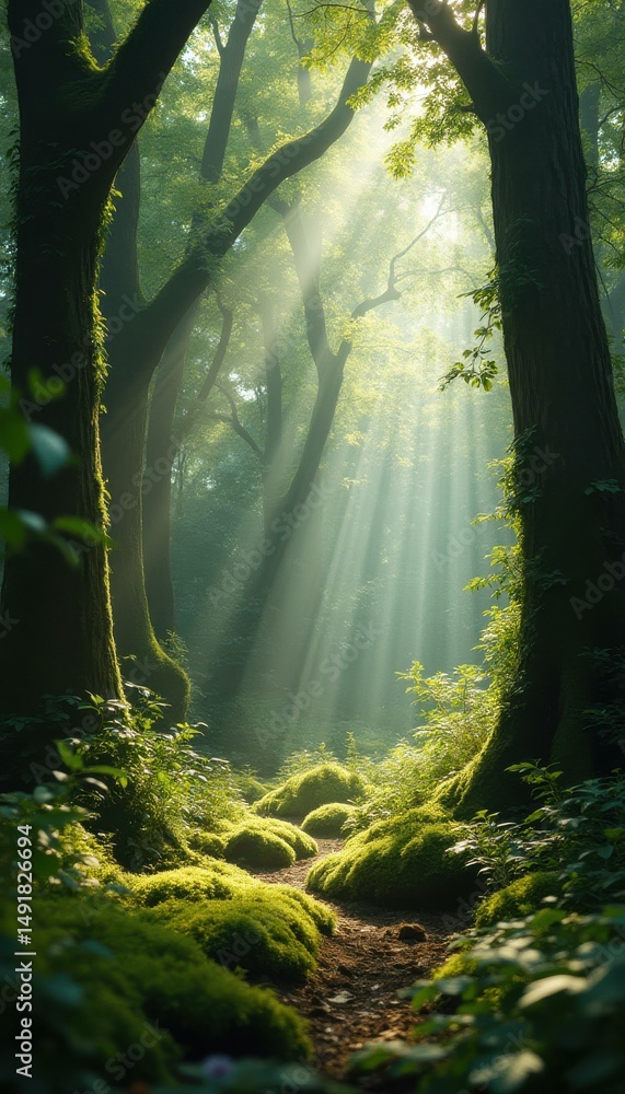 Poster Sunbeams illuminating a lush forest path with moss-covered stones and verdant trees creating an ethereal atmosphere.