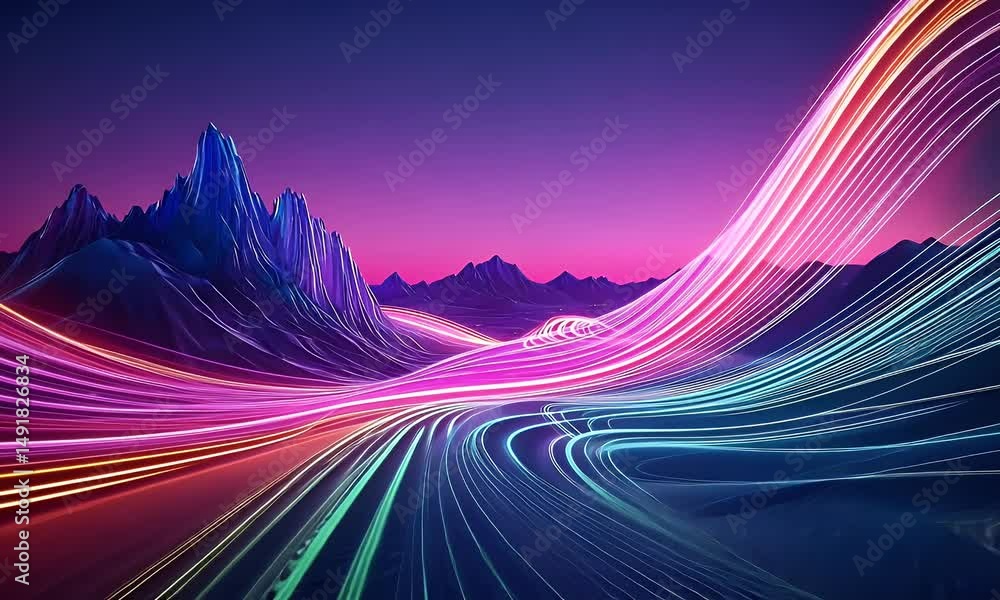 Poster abstract neon background with a mountain landscape and glowing wavy lines, in the style of ai genera