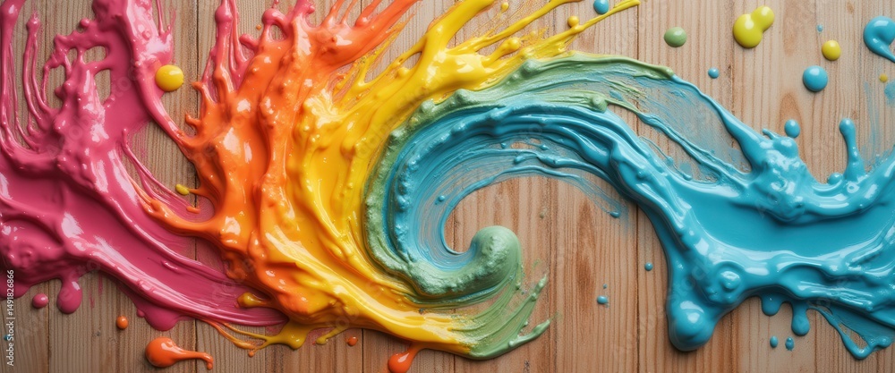 Poster colorful paint swirls and splashes on wooden background - abstract art creation on wood texture