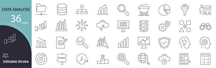 Data Analysis icon set. Analytics and data science related line icons: charts, graphs,  data visualization, report, database, analytics tools, insights and more. Editable stroke. Vector illustration.
