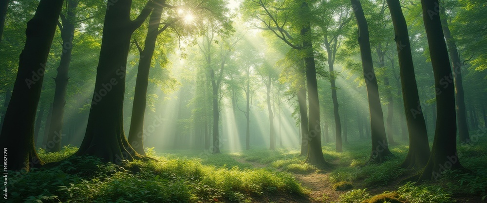 Poster enchanting forest path bathed in golden sunlight with lush green trees and mist creating a mystical 