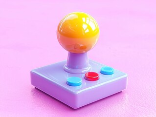 Glossy pastel purple joystick with a bright yellow spherical top and three colorful buttons on a smooth pink surface