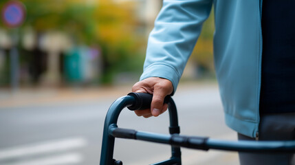 Obraz premium Close-up of a person’s hands gripping a metal walker for support indoors. 