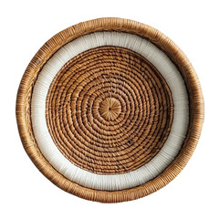 Fototapeta premium Elegant Round Woven Rattan Basket with White Trim Decorative Home Decor Natural Fiber Circular Tray Boho Chic Style Handmade Craft Authentic Artisan Design Stylish Home Accessory Unique Tabletop Decor