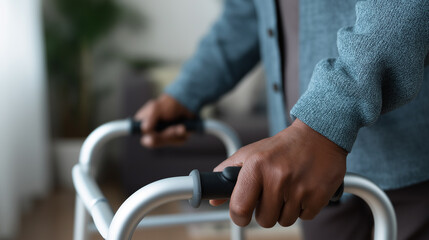 Close-up of a person’s hands gripping a metal walker for support indoors.
