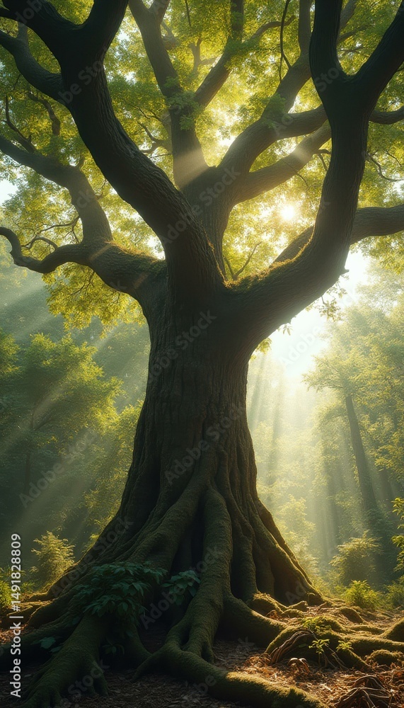 Poster Ancient tree with gnarled roots in sun-drenched forest, illuminated by sunbeams and creating an ethereal atmosphere
