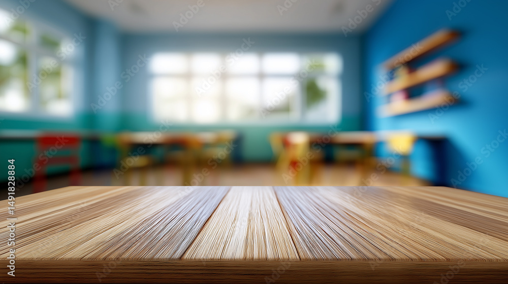 Aufkleber empty wooden desk in a colorful classroom with blurred desks and windows in the background.