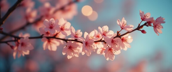 Delicate Pink Cherry Blossoms on a Branch against a Soft Blue Sky with Bokeh Lights