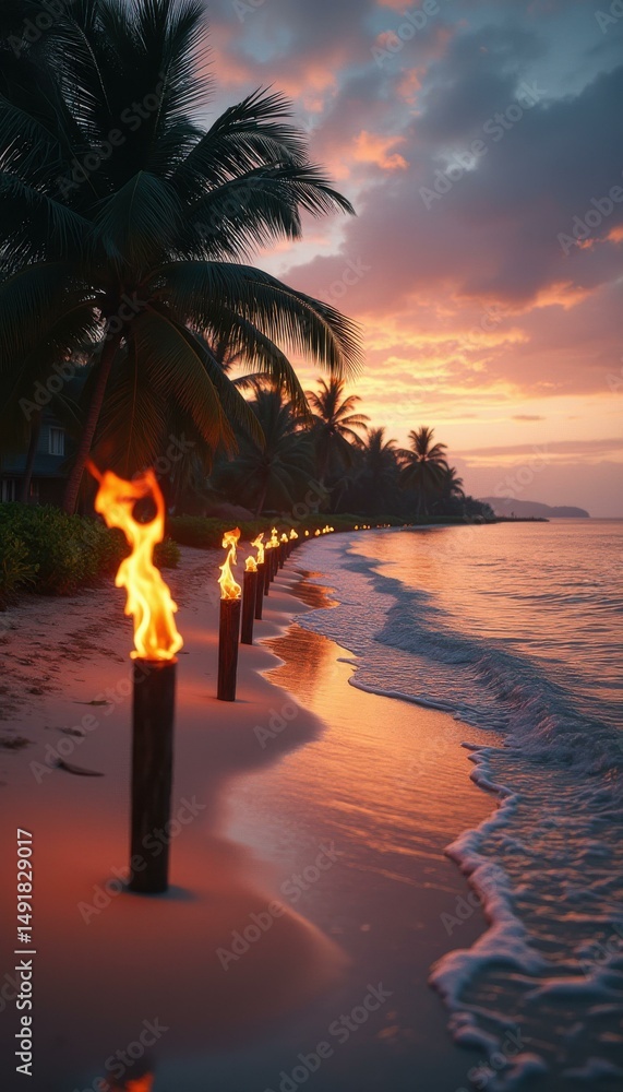 Poster tropical beach at sunset with tiki torches and palm trees, creating a warm inviting atmosphere, perf