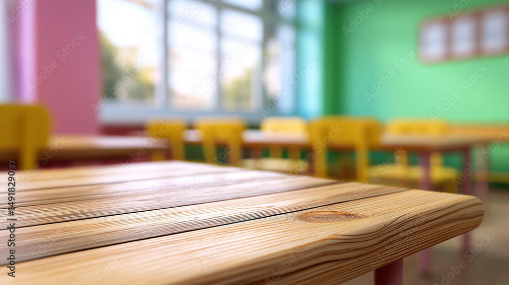 Aufkleber empty wooden desk in a colorful classroom with blurred desks and windows in the background.