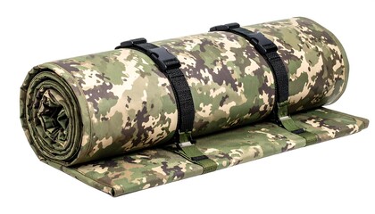 Rolled camouflage sleeping pad with black straps and buckles isolated on white background ready for outdoor adventures