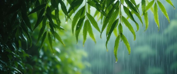 Lush green willow tree leaves hanging down during a gentle rainfall in a peaceful natural setting