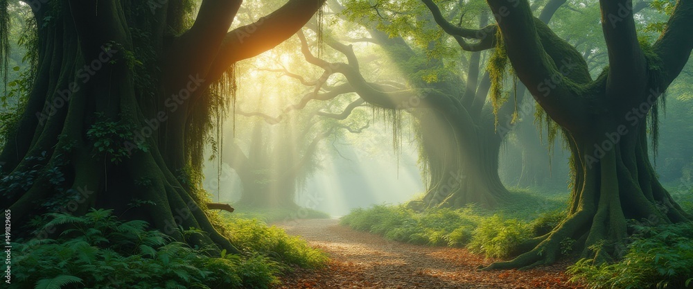 Poster enchanted pathway winds through a tranquil forest illuminated by sunbeams, ancient trees draped with