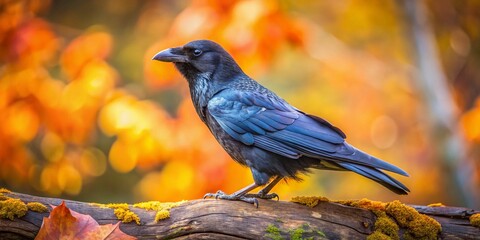 Naklejka premium Majestic Black Raven Perched on Tree Branch with Bokeh Background - Wildlife Stock Photo