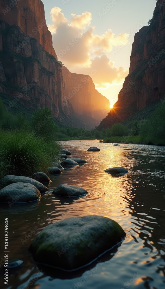 Aufkleber sunrise through a canyon illuminating rocks in a river. golden hour light on water, cliffs and green