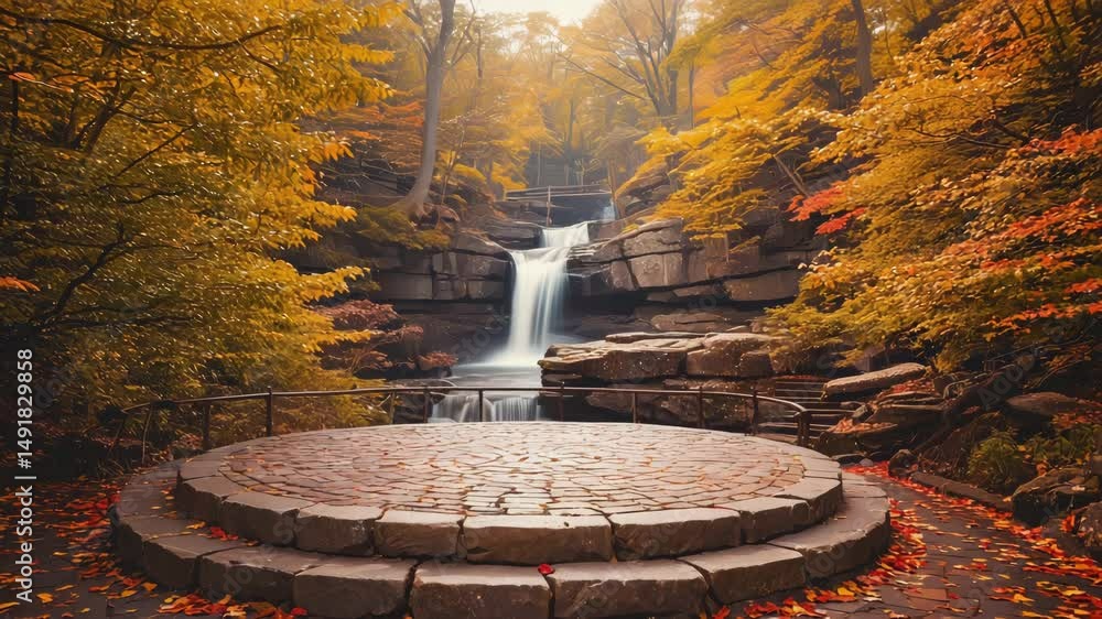 Poster seamless loop, empty stone stage in waterfall autumn forest trees background, blank space for displa