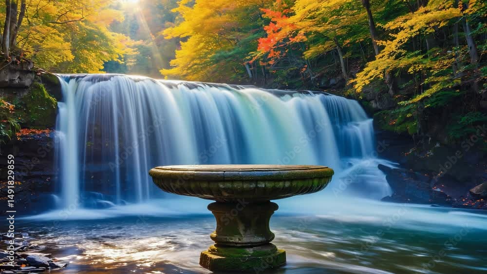Poster seamless loop, empty stone stage podium in waterfall autumn forest trees background, blank space for