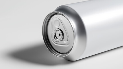 Close-up of a sleek white aluminum beverage can lying on its side against a plain background.
