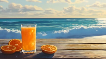Chilled glass of fresh orange juice by the ocean with sliced oranges.

