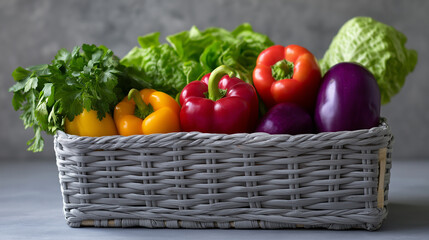Wicker basket filled with fresh colorful vegetables including bell peppers, eggplants, lettuce, and herbs.
