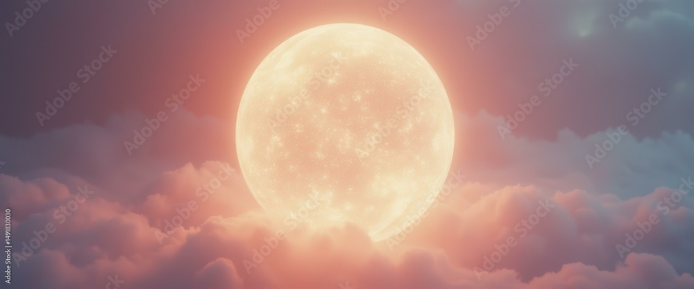 Aufkleber luminous orb amidst soft clouds in a surreal sky, creating a serene and dreamy celestial scene