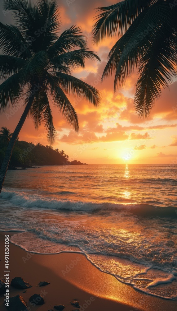 Aufkleber tropical beach sunset with palm trees and ocean waves creating a serene scene
