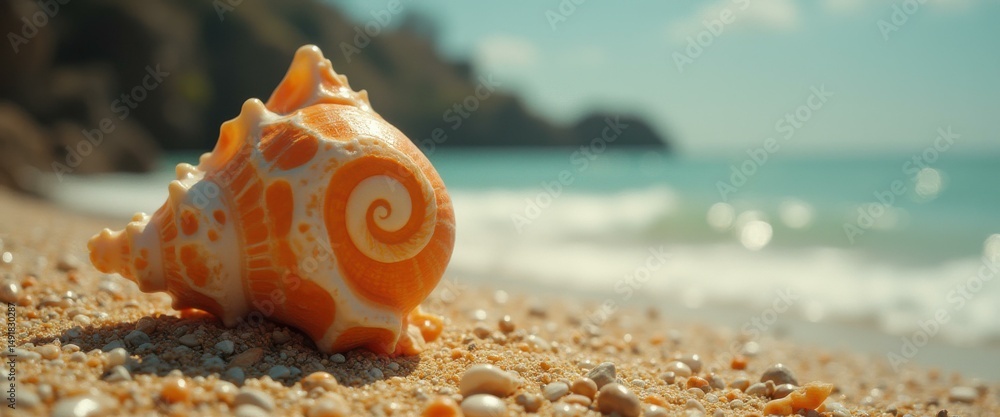 Aufkleber seashell with a spiral pattern lying on a pebble-strewn beach near the ocean, in sharp focus, with s
