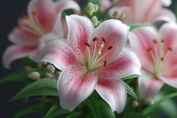 Blooming Pink Lily Flowers Closeup with Dark Background