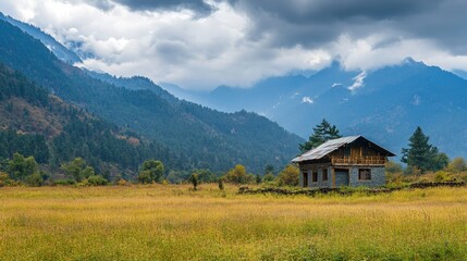 Obraz premium Serene Mountain Landscape with Isolated House in Vibrant Meadow
