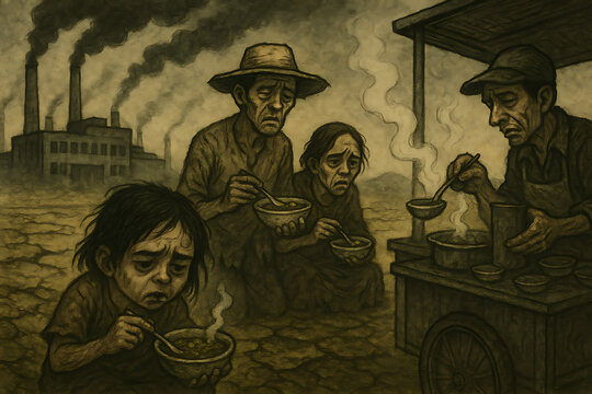 poor farmer family that the land got affected by toxic factory and going to the traditional food market but the food are all toxic