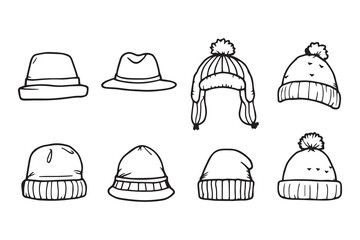 winter hats line art and black color 