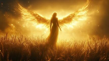silhouette of a glowing angelic figure with radiant wings standing in a golden wheat field under a warm glowing sky, evoking a sense of serenity and hope