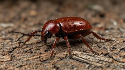 Close-up of a reddish-brown beetle on bark