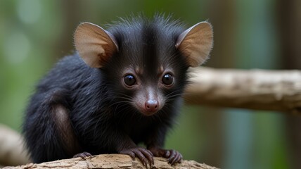 Tiny black mammal on branch