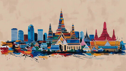 Bangkok City wall Art painting by brush 