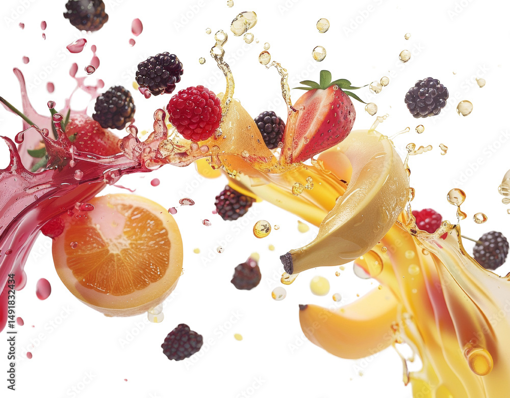 Poster Dynamic fruit fusion with vibrant splashes of juice for refreshment and vitality