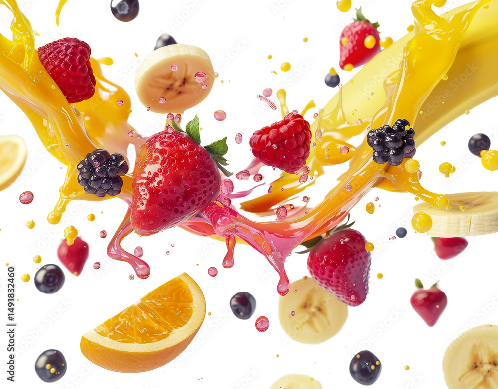 Poster exuberant splash of assorted fresh fruits with juice on white backdrop