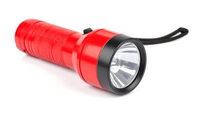 Red flashlight with black accents and a wrist strap isolated on a white background. The flashlight is cylindrical with a textured grip