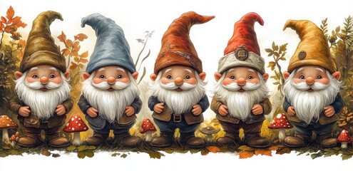Five cheerful garden gnomes with colorful tall hats standing in a forest surrounded by autumn leaves and red mushrooms with white spots
