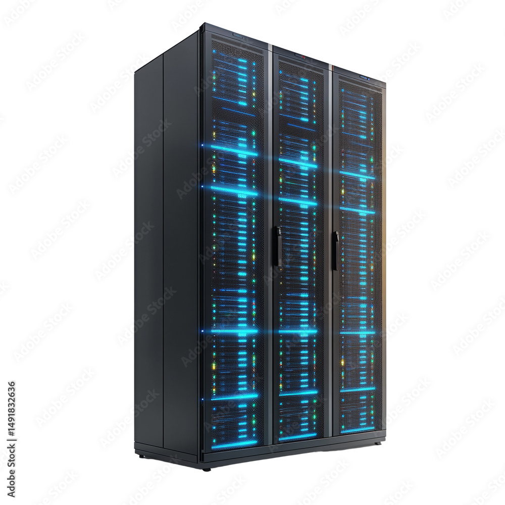 Poster modern server rack containing interconnected hardware glowing with blue light