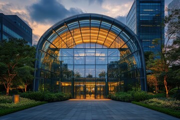 Modern glass building at dusk, surrounded by greenery