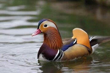 Swimming Duck with Colorful Plumage in Calm Water