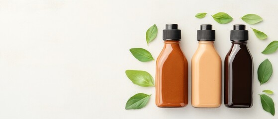 Three bottles of barbecue sauces in different flavors are surrounded by fresh basil leaves, perfect for summer cookouts or grilling recipes